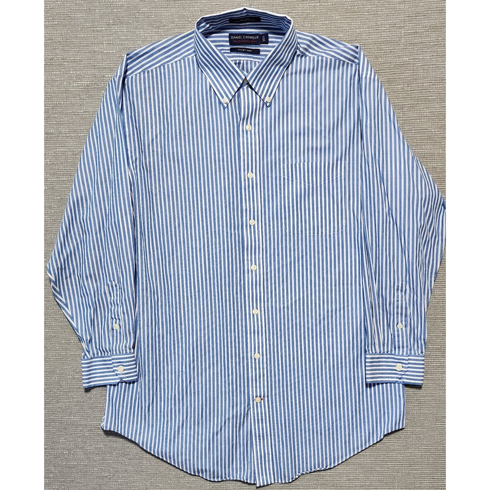 Daniel Cremieux Mens 17 34 Staney‎ Shirt Blue White Striped Cotton Button Down